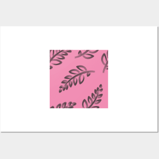 Trendy leaf repeat pattern brown leaves in pink background Posters and Art